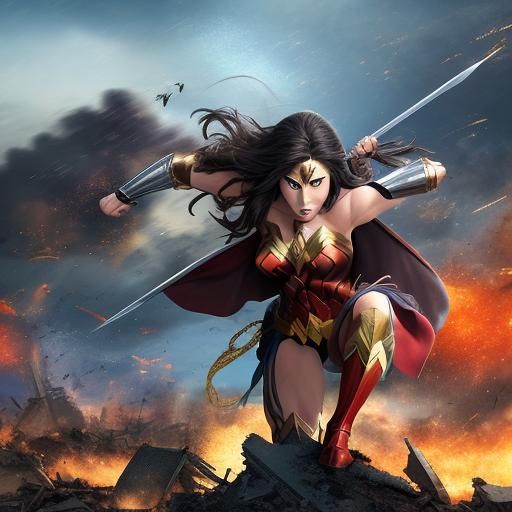 Wonder Woman in War-Torn City: Anime Action Scene