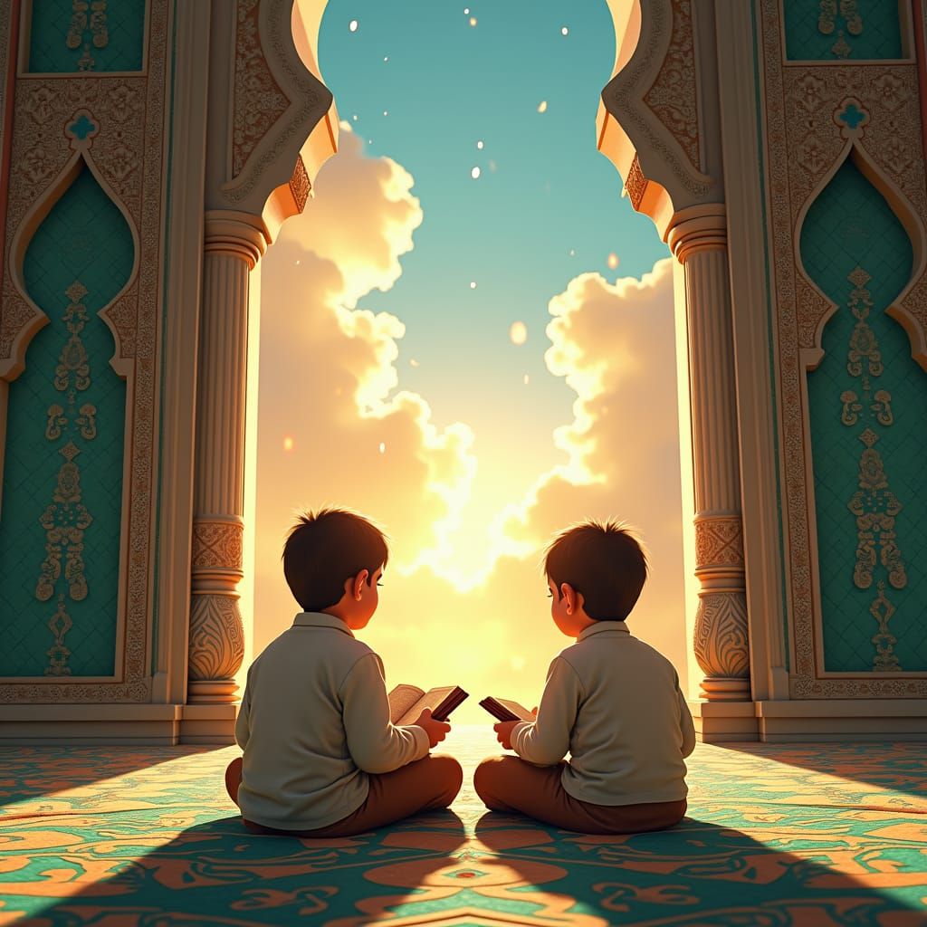 Boys with Quran in Ornate Mosque at Sunset