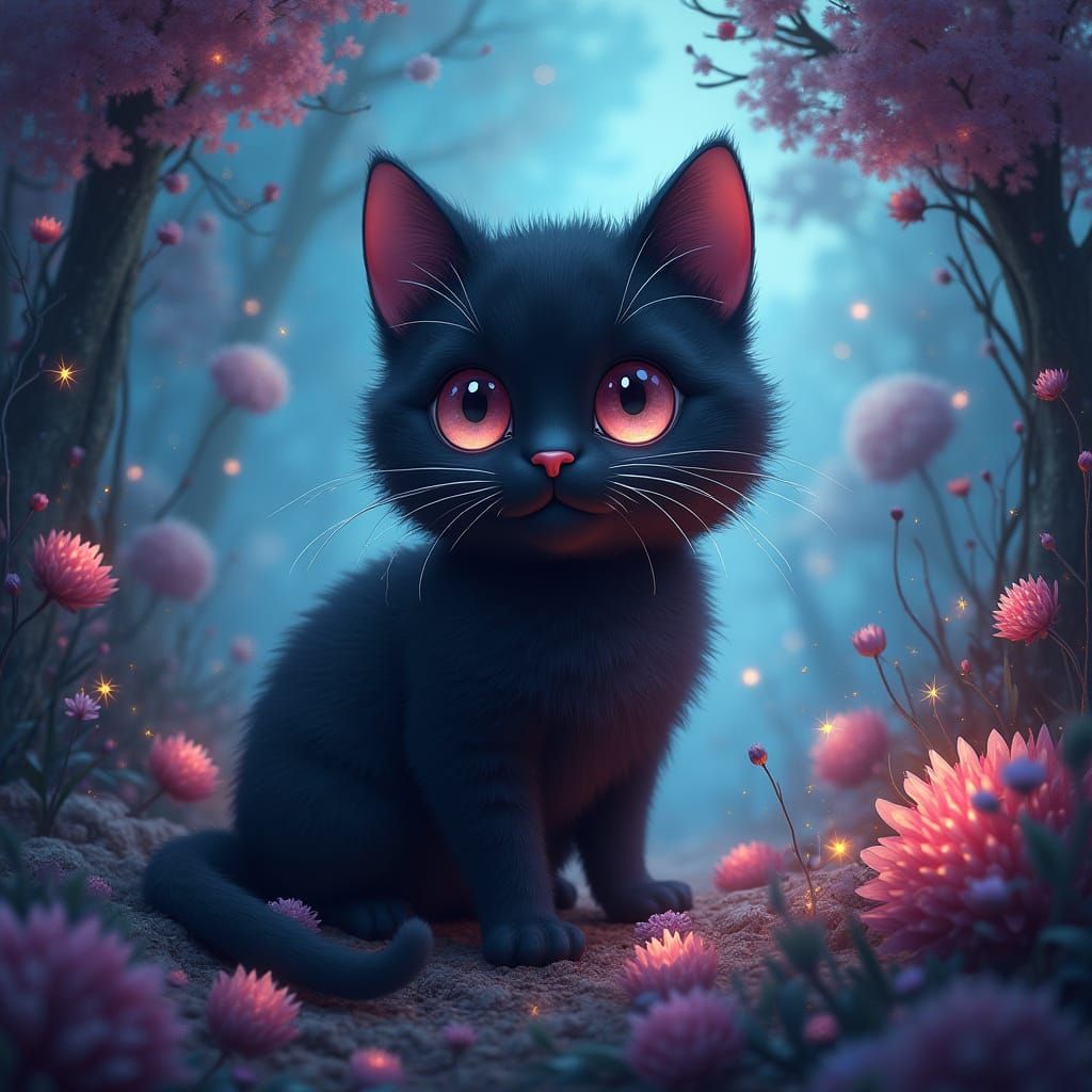 Whimsical Black Cat in a Fantastical Dreamworld