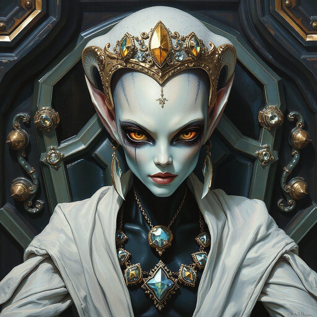 Regal Alien Queen on Obsidian Throne: Sci-Fi Oil Painting