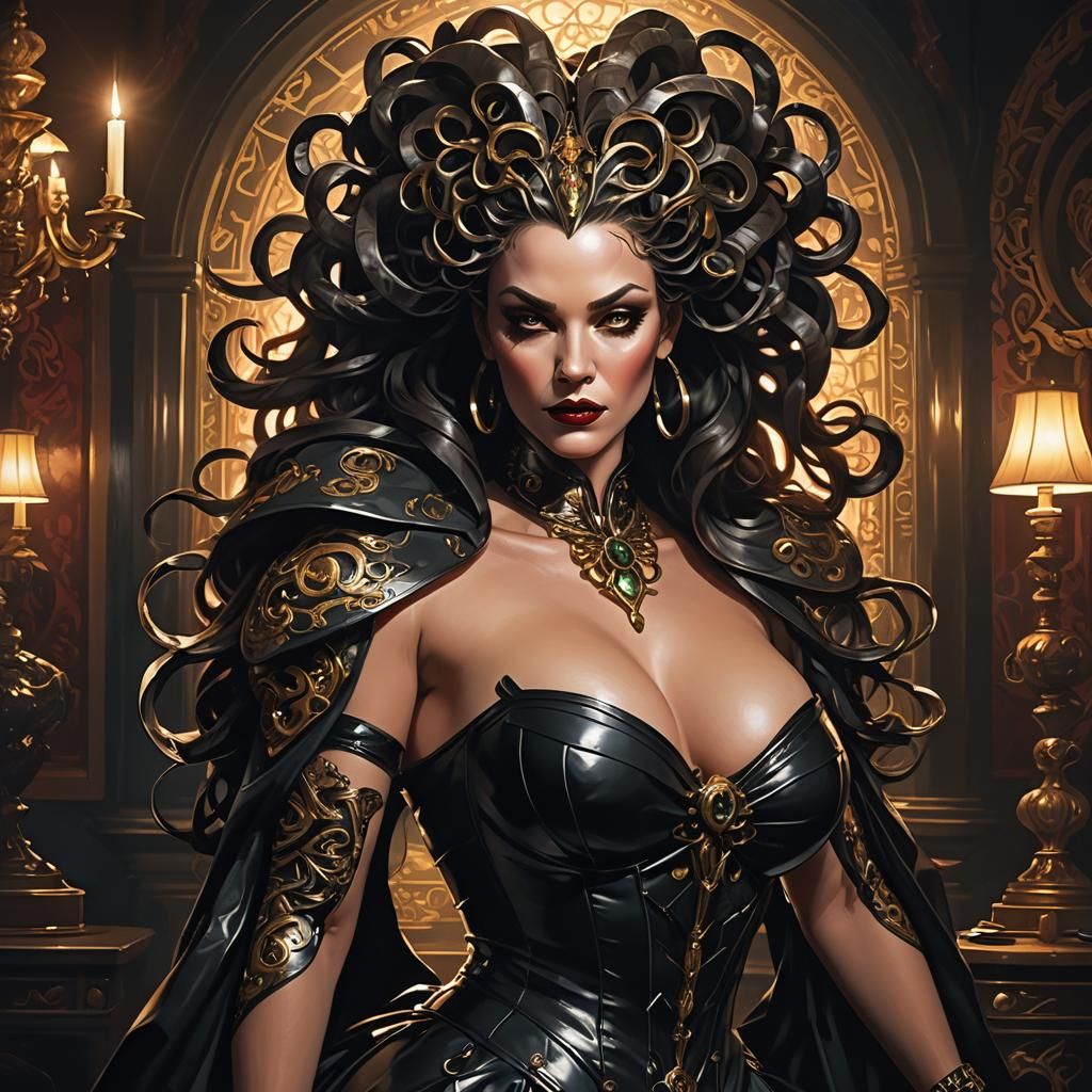 Villainous stepmother clad in avant-garde leather couture, m...