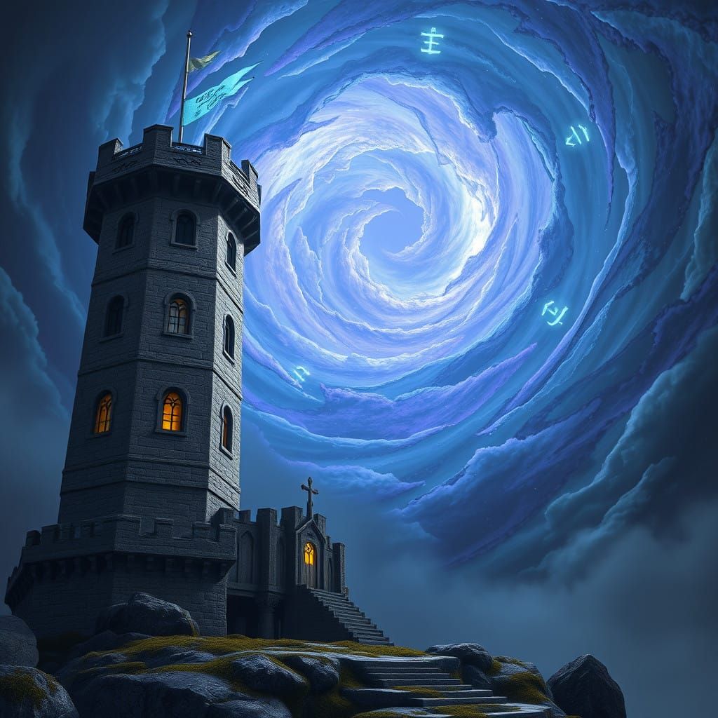 Majestic, Ancient Watchtower Against a Swirling Vortex of Bl...