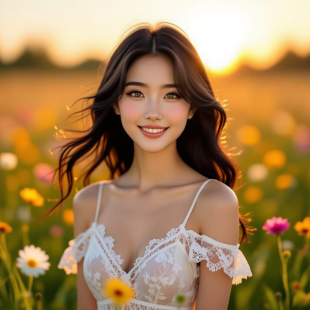 Beautiful Woman in Wildflower Field at Dawn