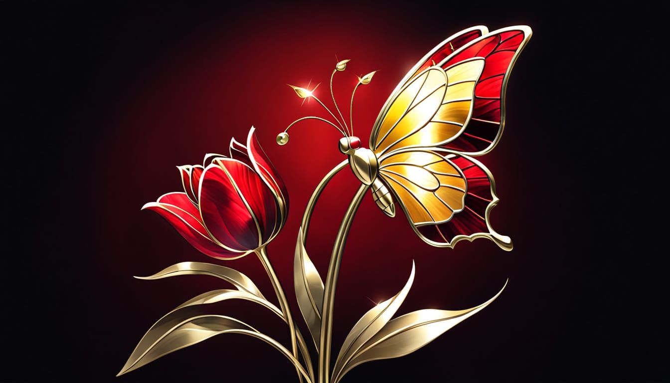 Gold Stained Glass Butterfly Silhouette on Tulip