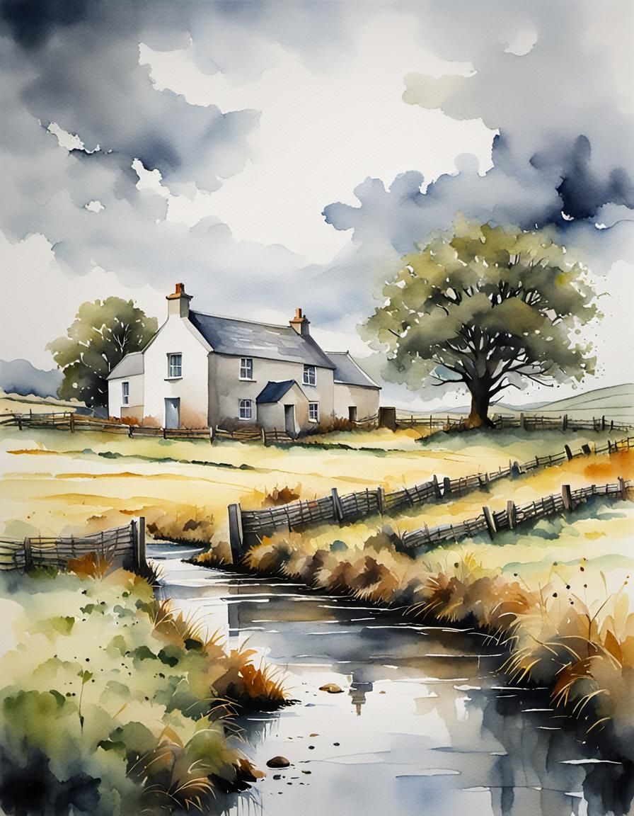 Irish Rural Landscape in Detailed Watercolor