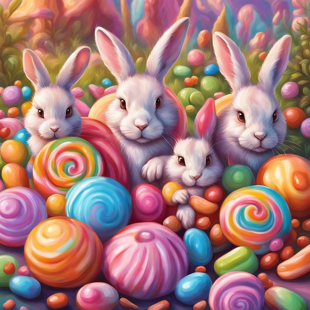 Whimsical Rabbit Family in Vibrant Candy Art Style