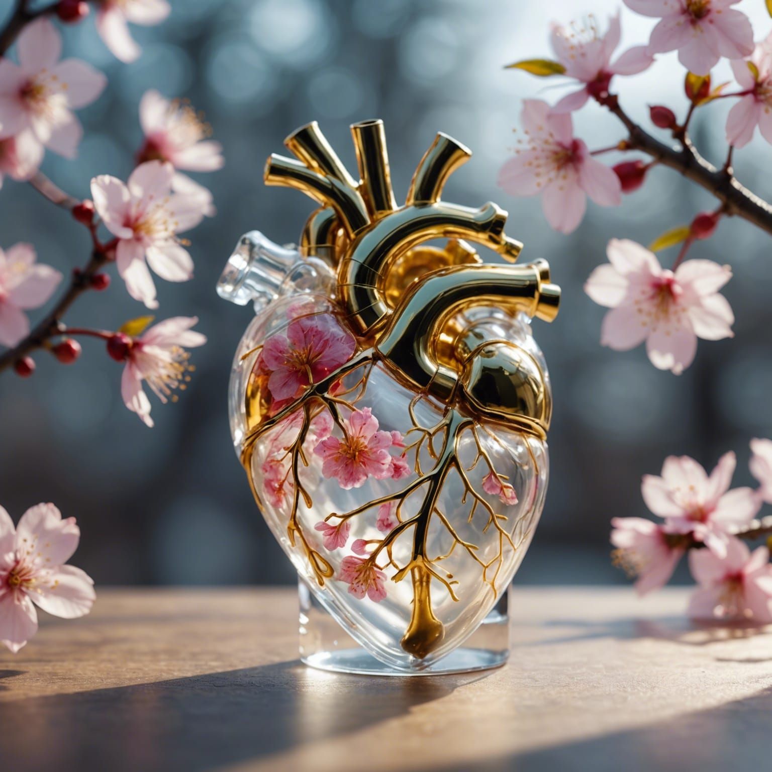 Glass Heart with Gold Veins and Cherry Blossoms