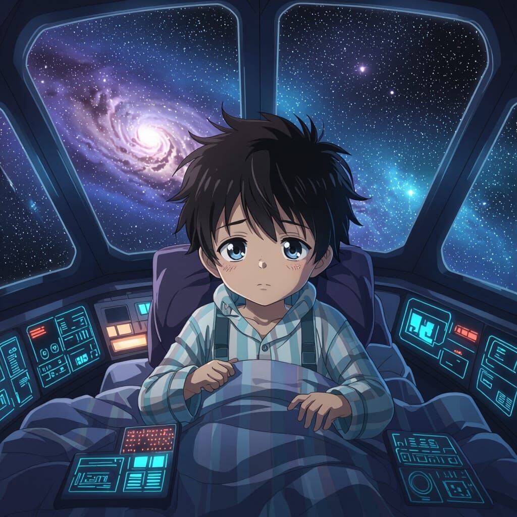 Sick Boy in Cozy Pajamas on Futuristic Spaceship