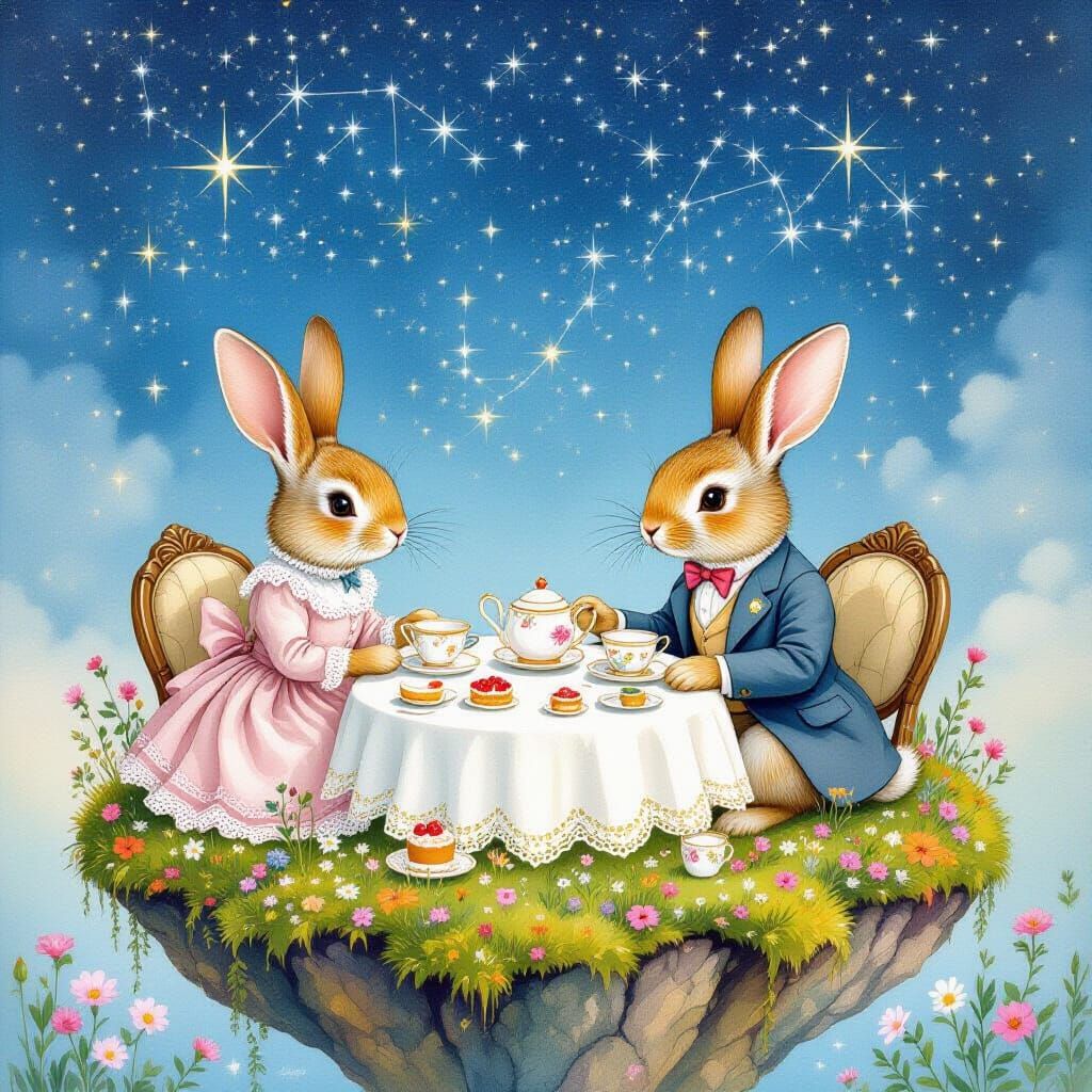 Rabbit Tea Party on Floating Island, Watercolor Style