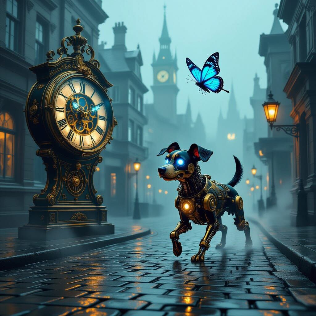 Clockwork Dog Chases Spectral Butterfly in Victorian Fog