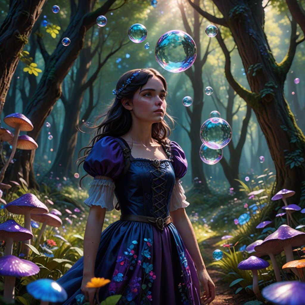 Young Girl Enchants Whimsical Fairyland with Iridescent Bubb...