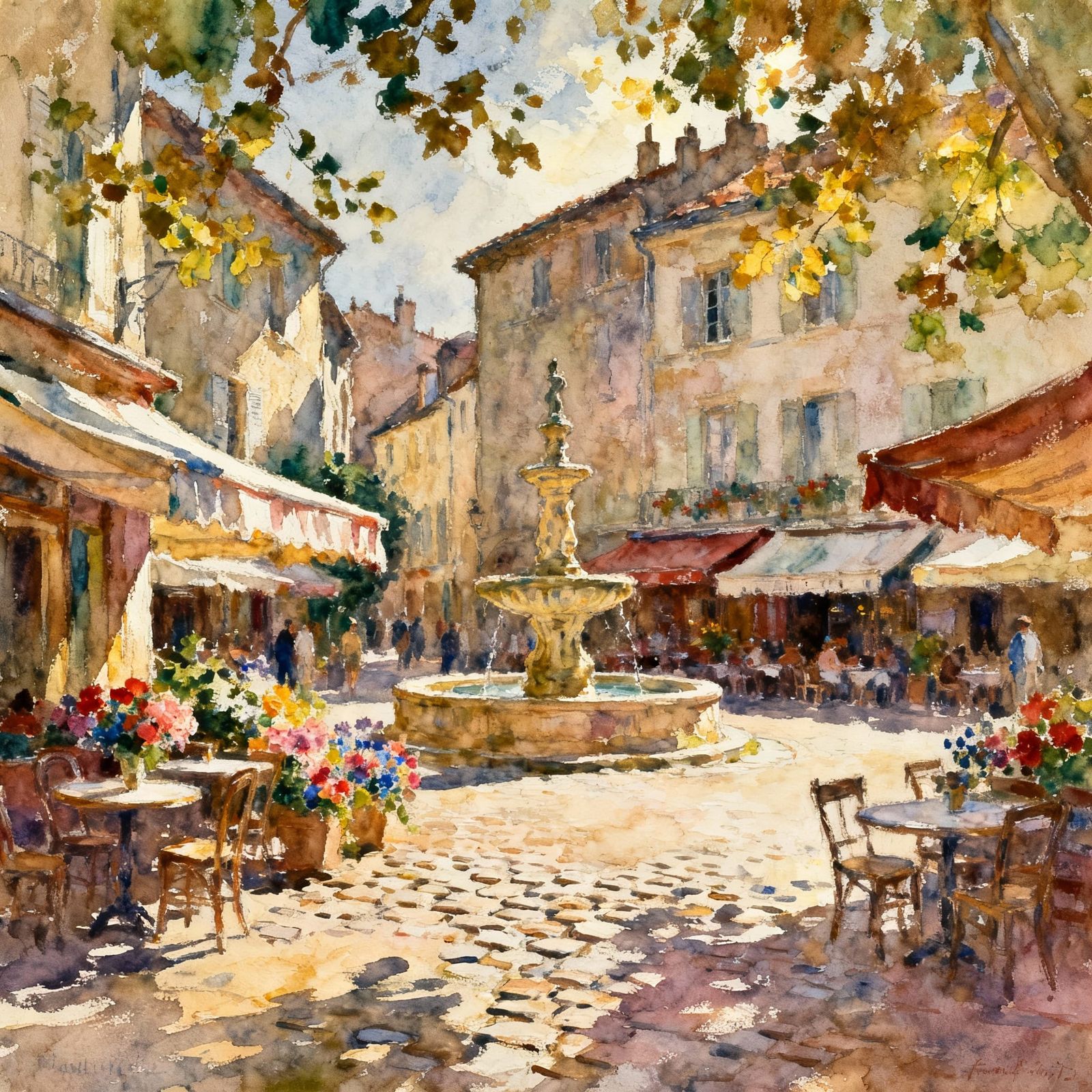 French Village Square Watercolor Painting