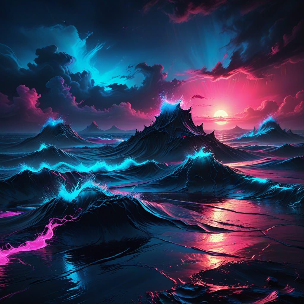 Glowing Neon Abstract Seascape in Digital Art Style