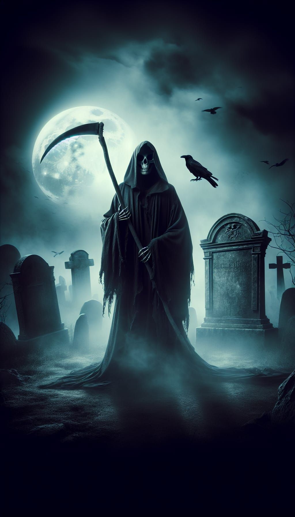 Ominous Grim Reaper in Foggy Graveyard