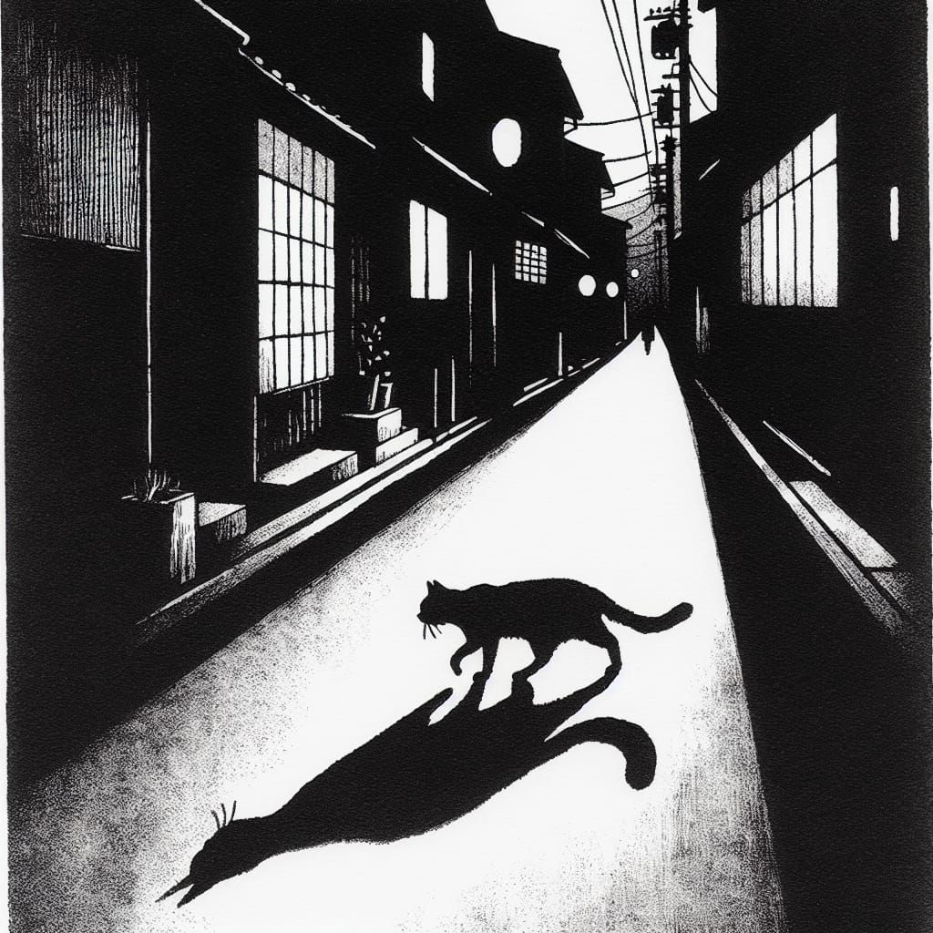 Minimalist Japanese Street Cat Etching at Night