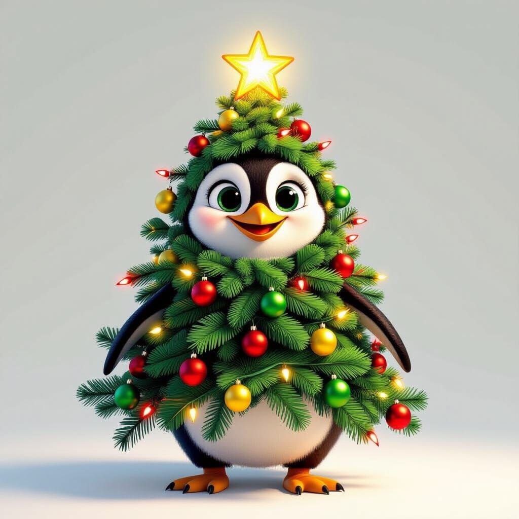 Penguin Christmas Tree Cartoon in Chris Sanders Style