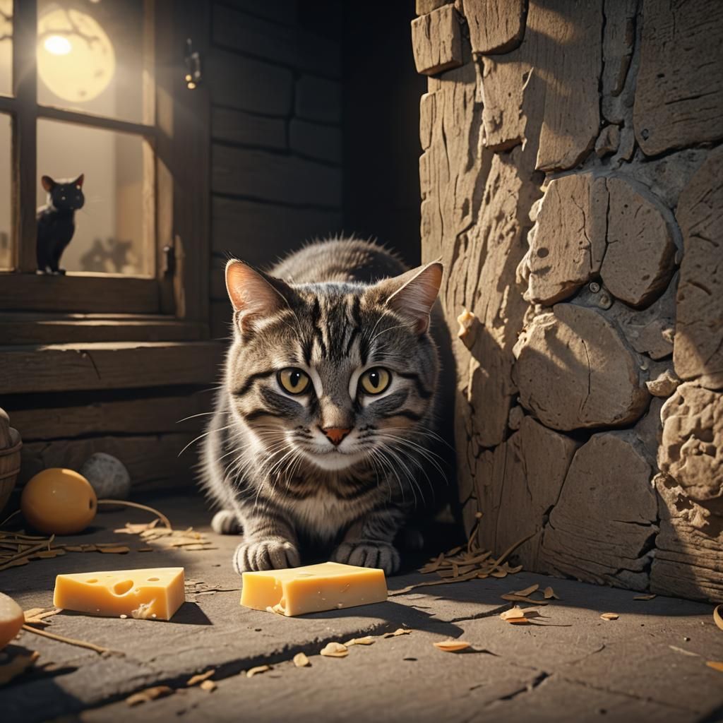 Cat, Mouse, Cheese: Moonlit Cottage Scene