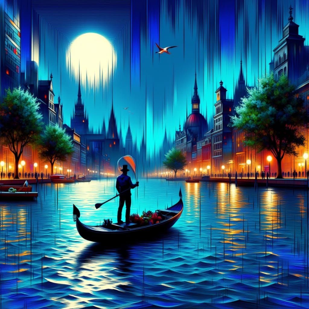 Gondolier Under Vibrant Moonlit Skies in Graphic Digital Sty...