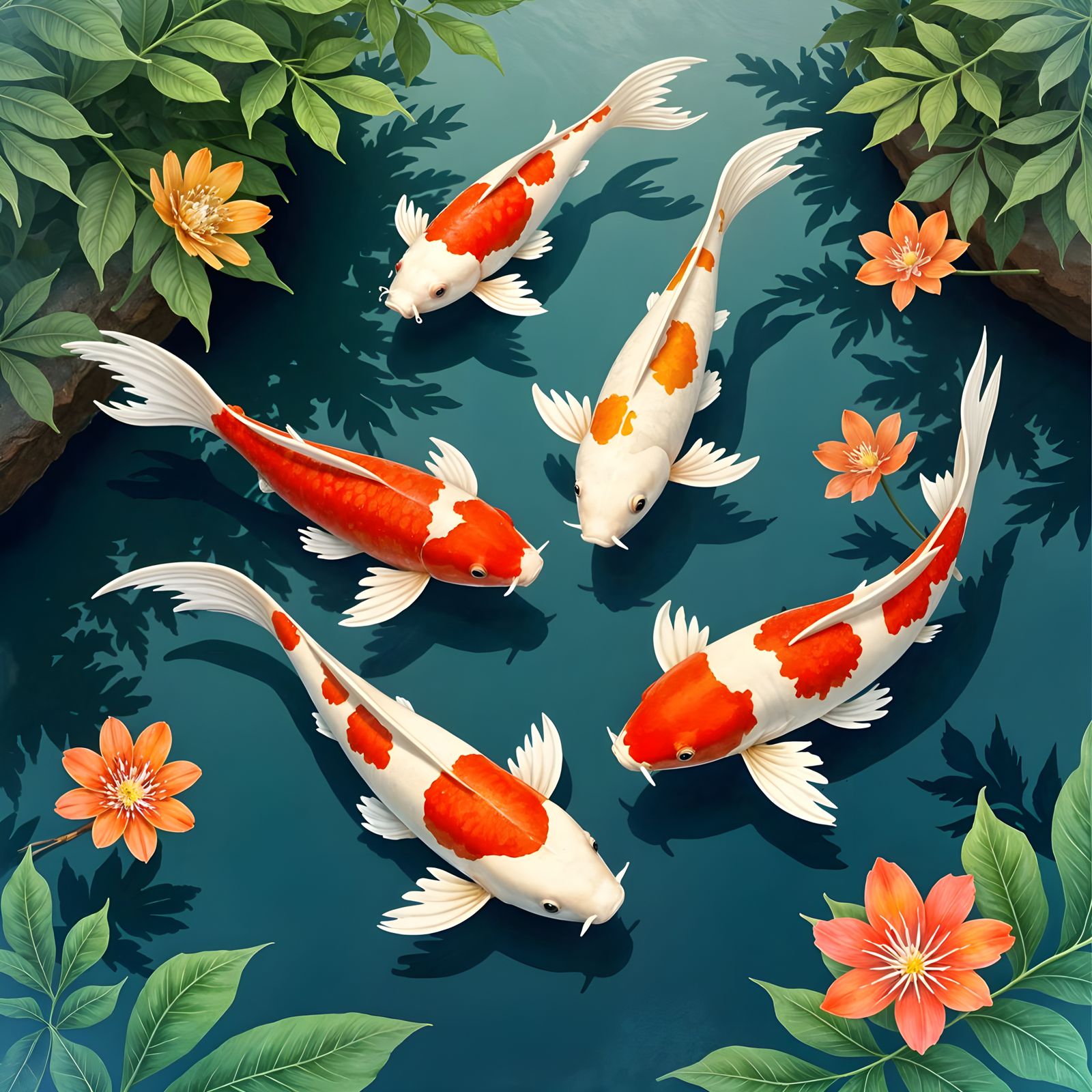 Koi Fish Pond in Watercolor Style