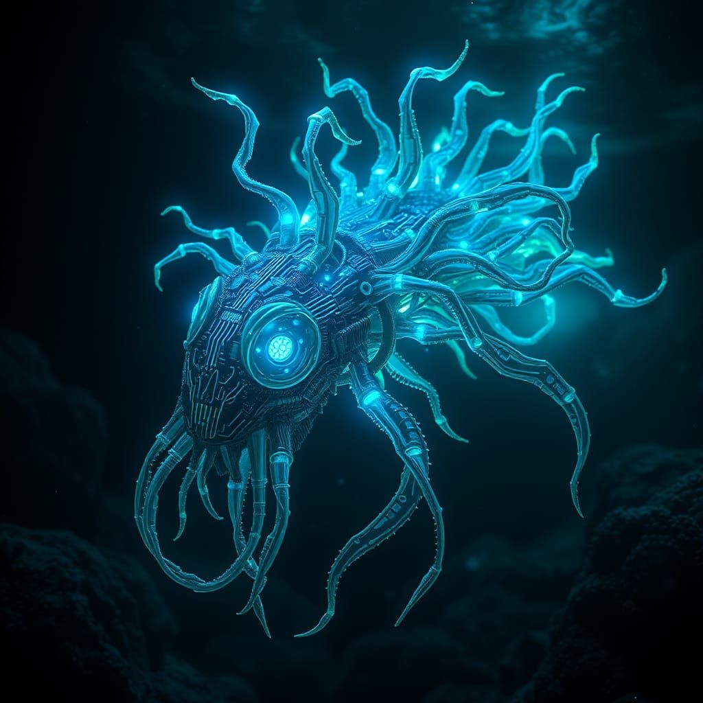 Bioluminescent Underwater Motherboard Creature in Biomechani...