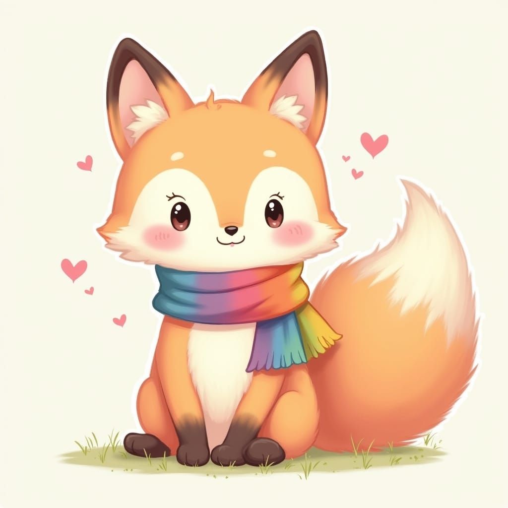 Kawaii Fox with Rainbow Scarf Digital Art