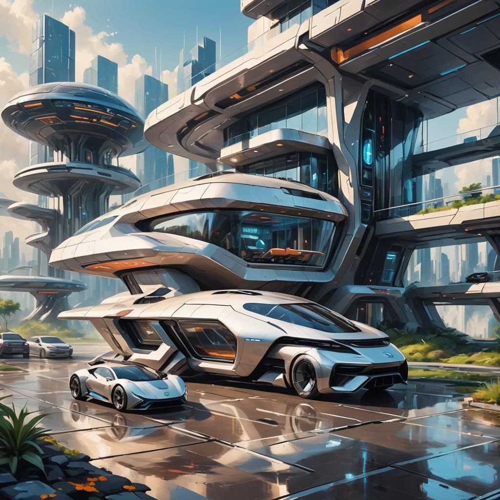 Futuristic House and Vehicle in Oil Paint Style