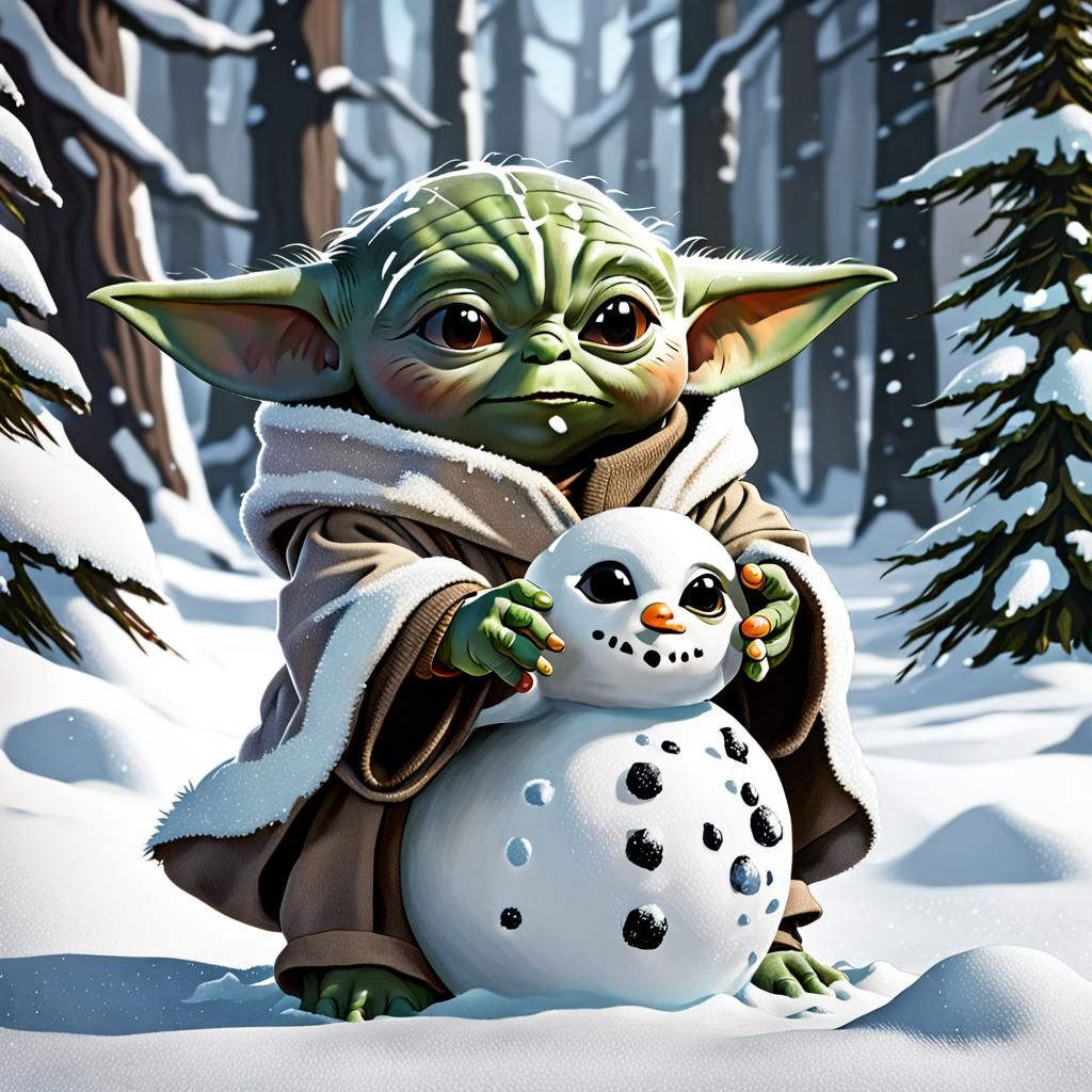 Baby Yoda Building a Snowman