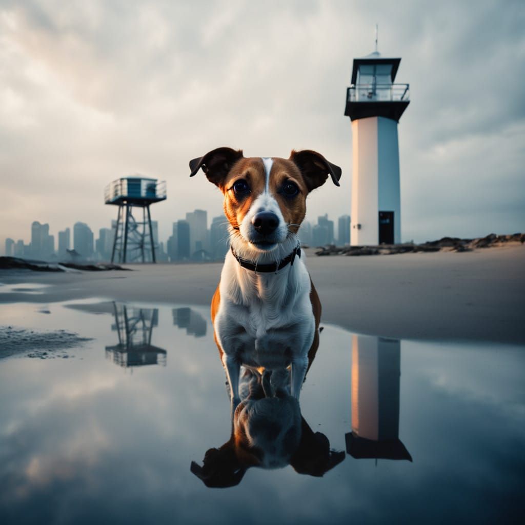 Surrealistic Black and White Beach Scene with Jack Russell T...