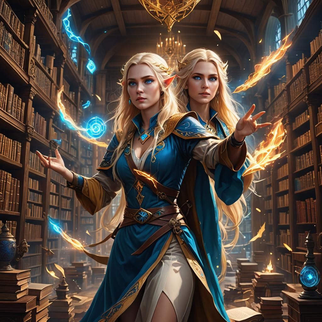 Colorful Half-Elf Wizard in Library with Runes