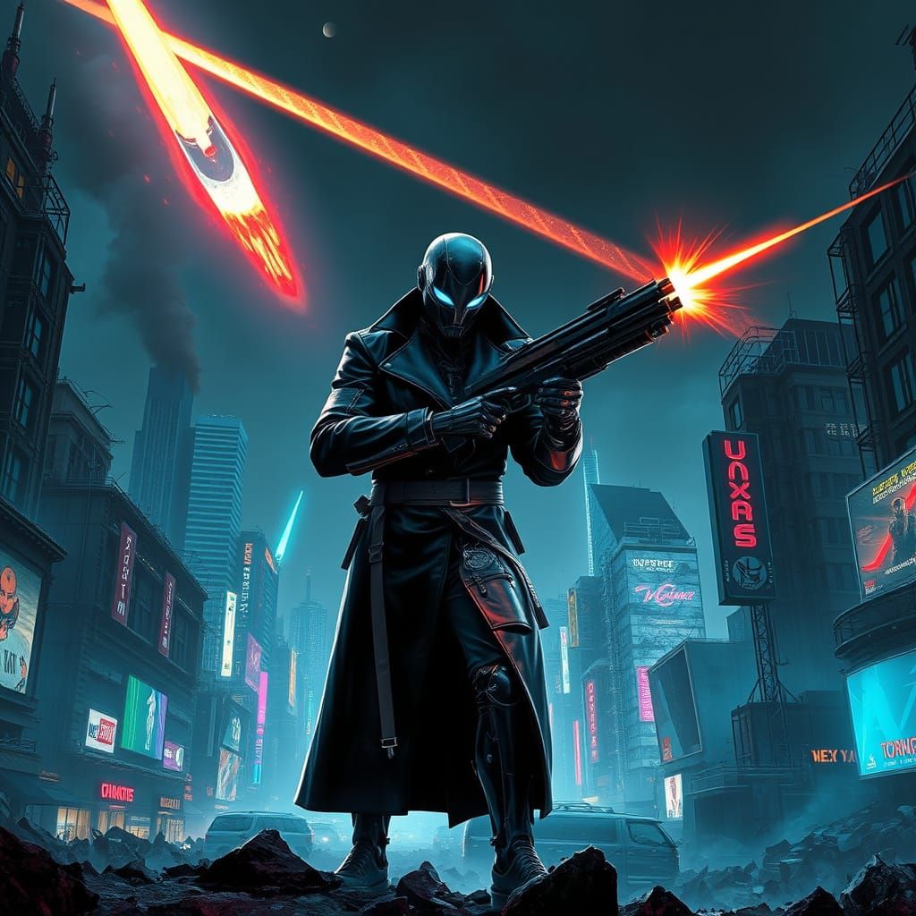 Cyborg Android Battles in Ruined Neon Cityscape