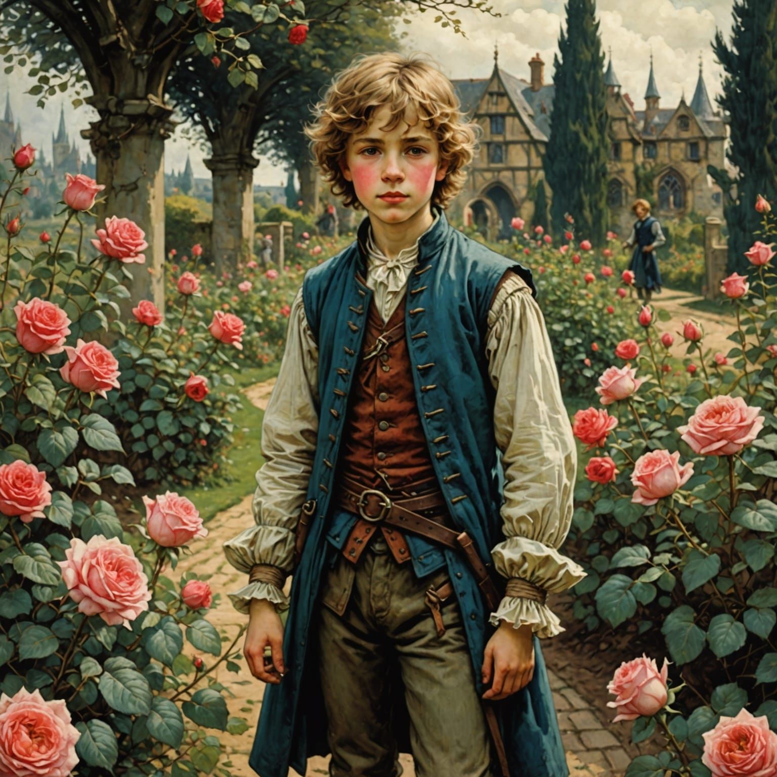 Medieval Boy Basks in Enchanted Rose Garden