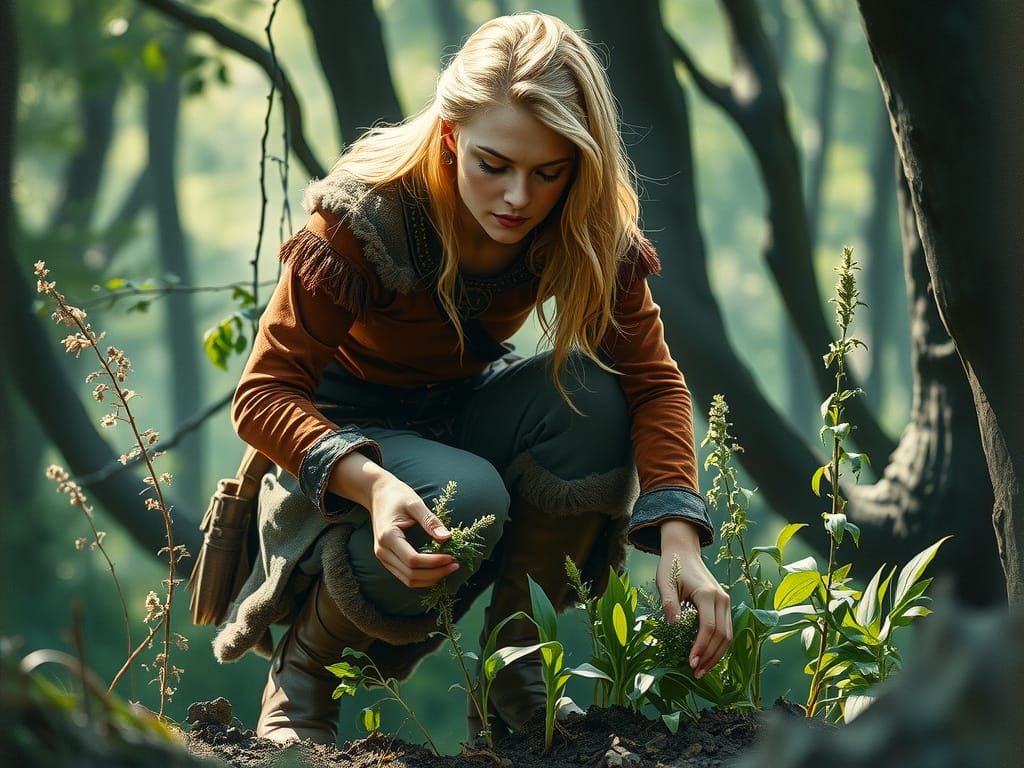 Slavic Barbarian Woman in Forest Landscape