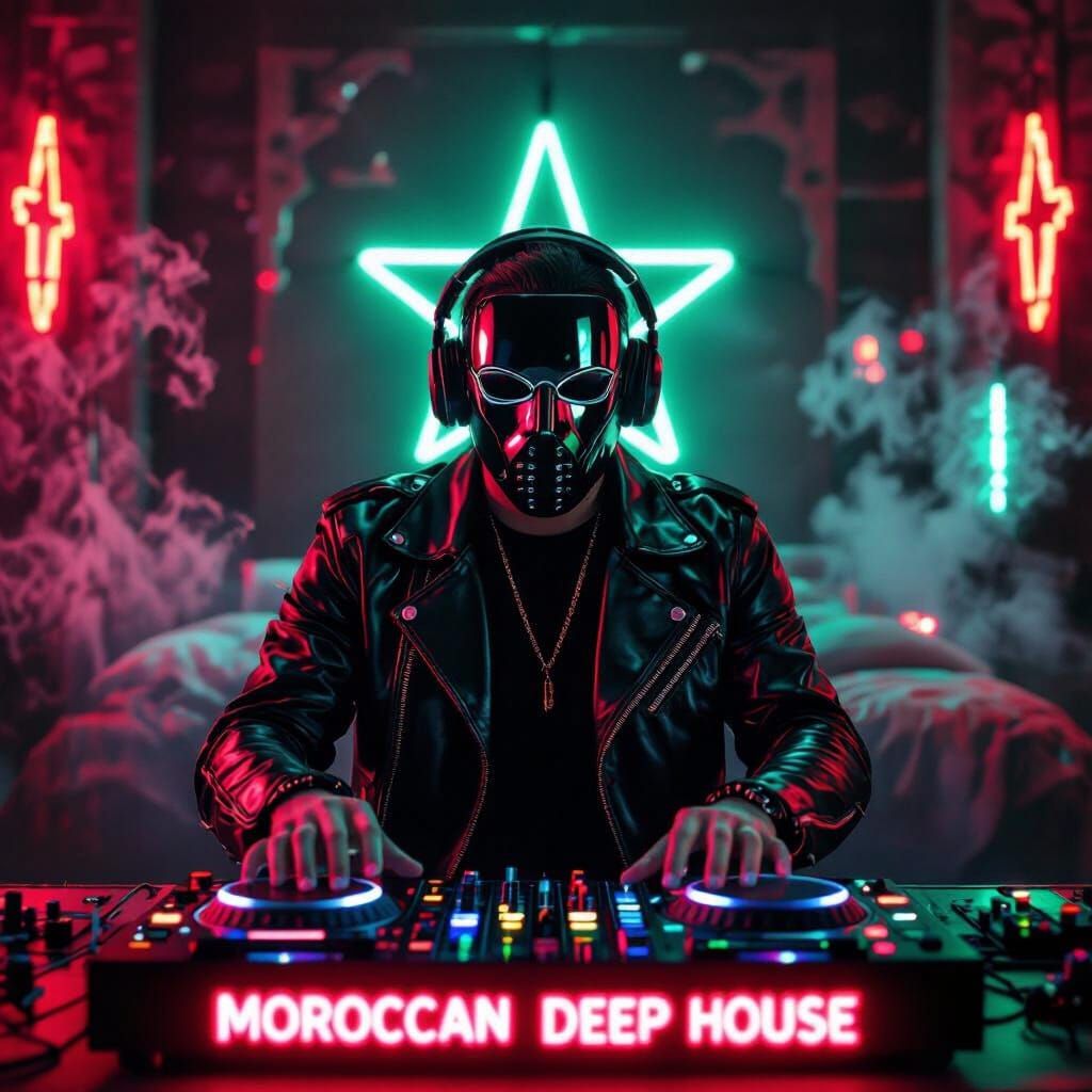 Cyberpunk DJ in Neon-Lit Studio, Syd Mead Style