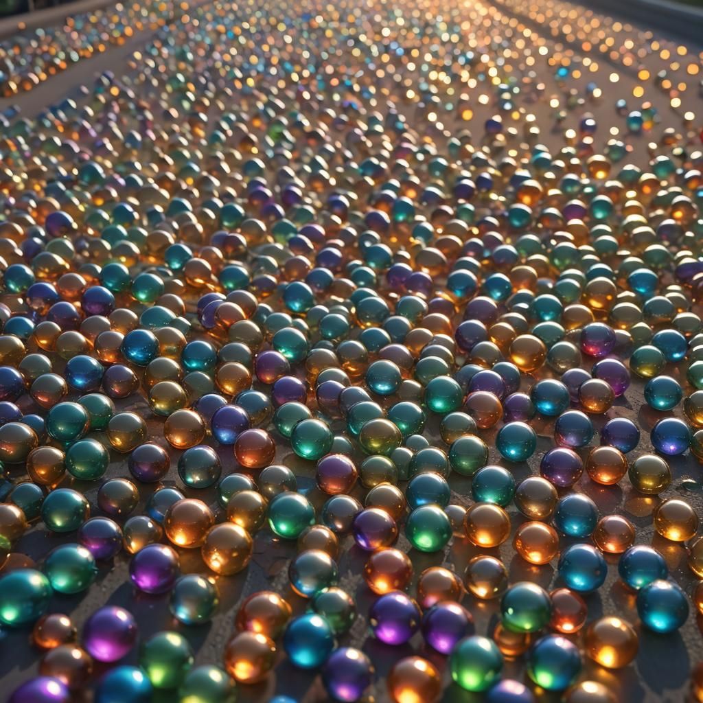 Colorful Glass Balls Reflecting Light on Highway