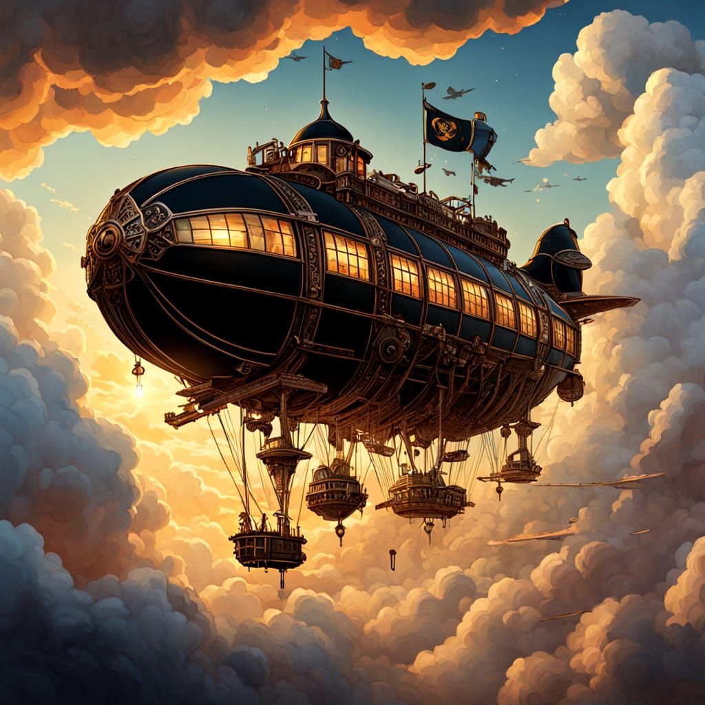Steampunk Black Bear Airship Soars Through Cloudy Sky