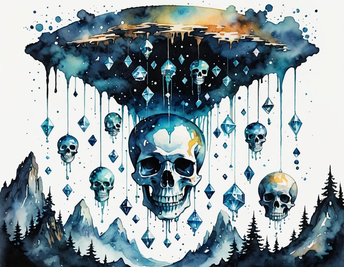 Whimsical Upside-Down Skull with Crystals in Watercolour