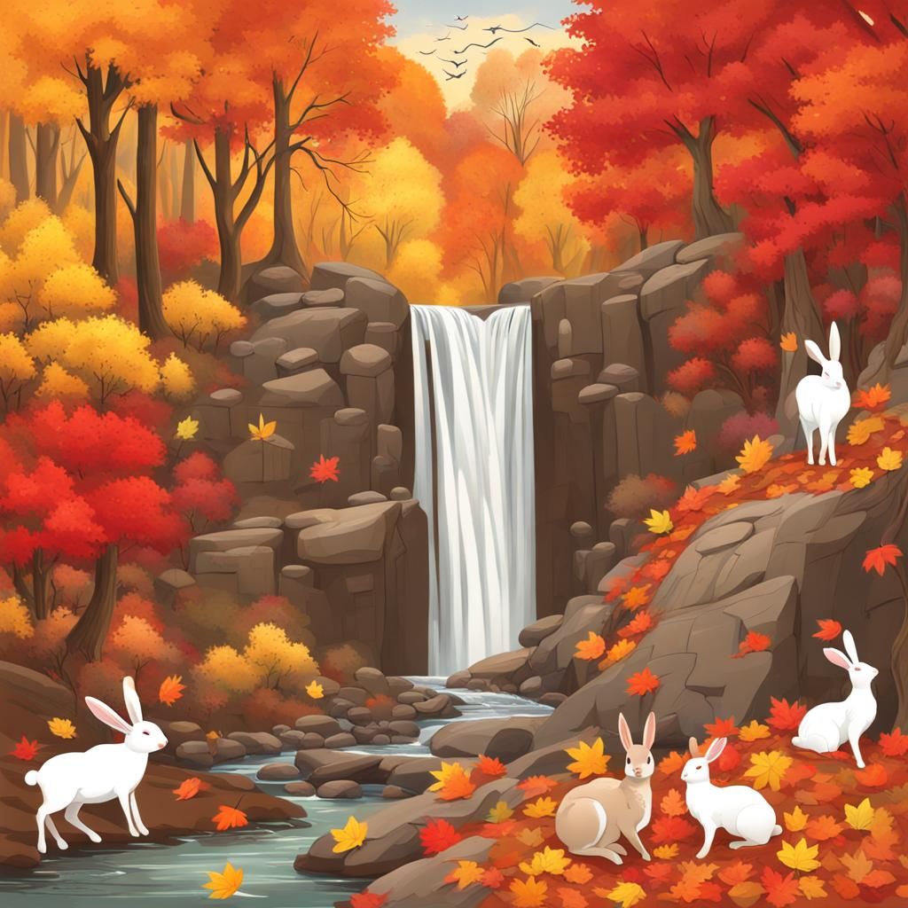 Autumn Waterfall with Wildlife in Colorful Woods