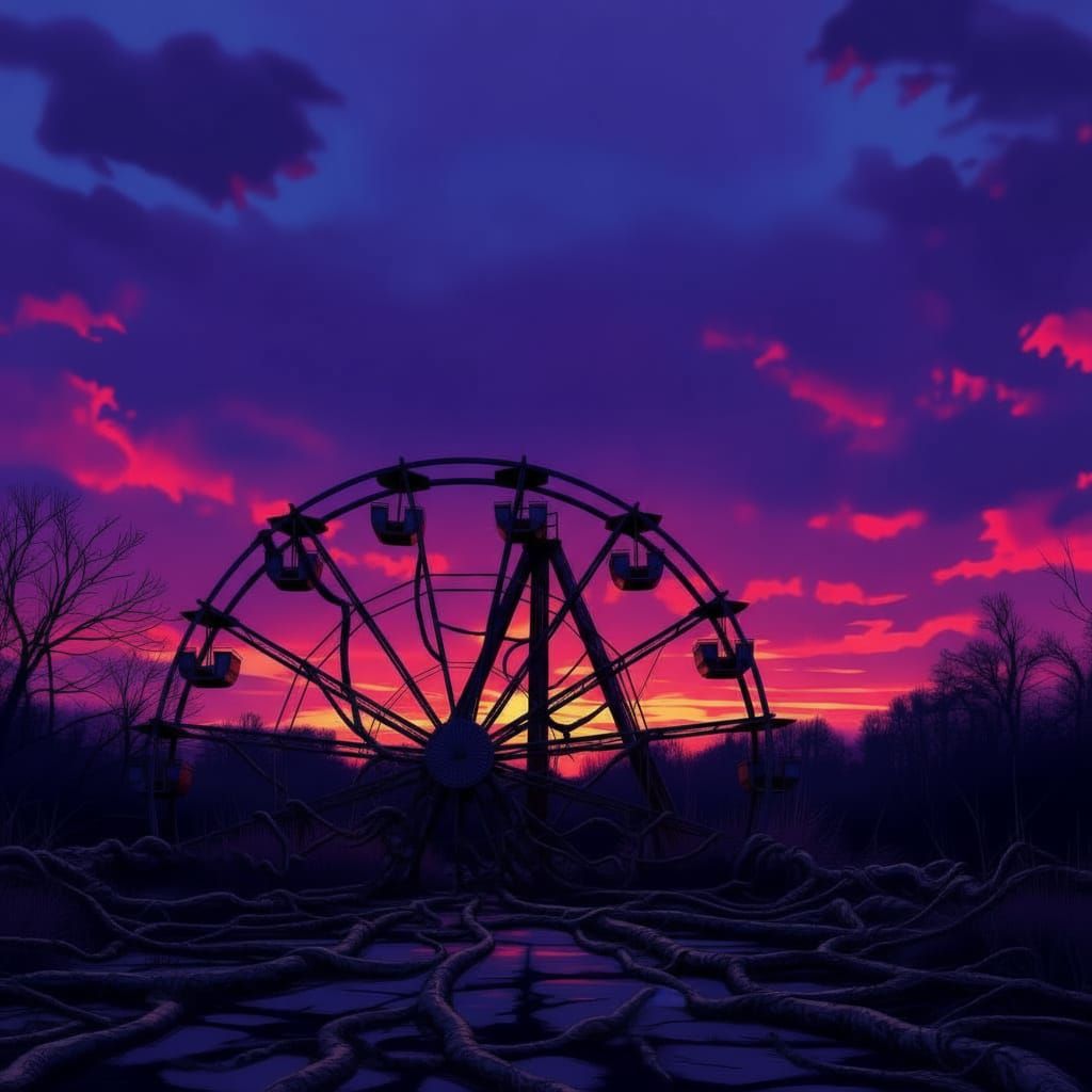 Abandoned Ferris Wheel at Twilight in Gothic Horror Style
