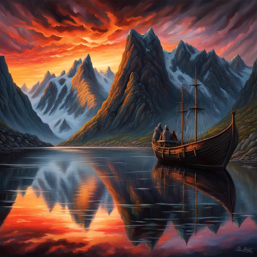 Dramatic Sunset Over Lofoten Peaks with Viking Ship