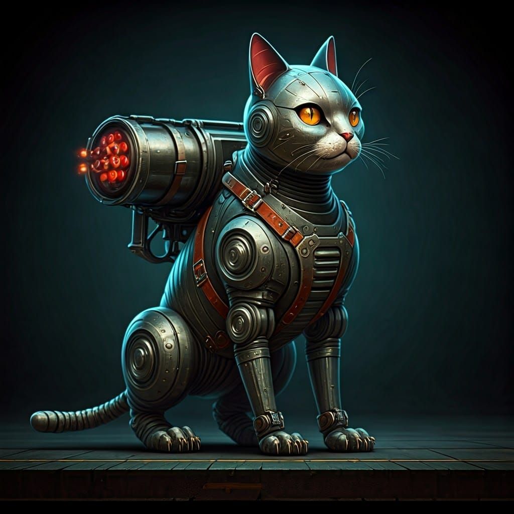 Cyberpunk Robot Cat in Industrial Exosuit