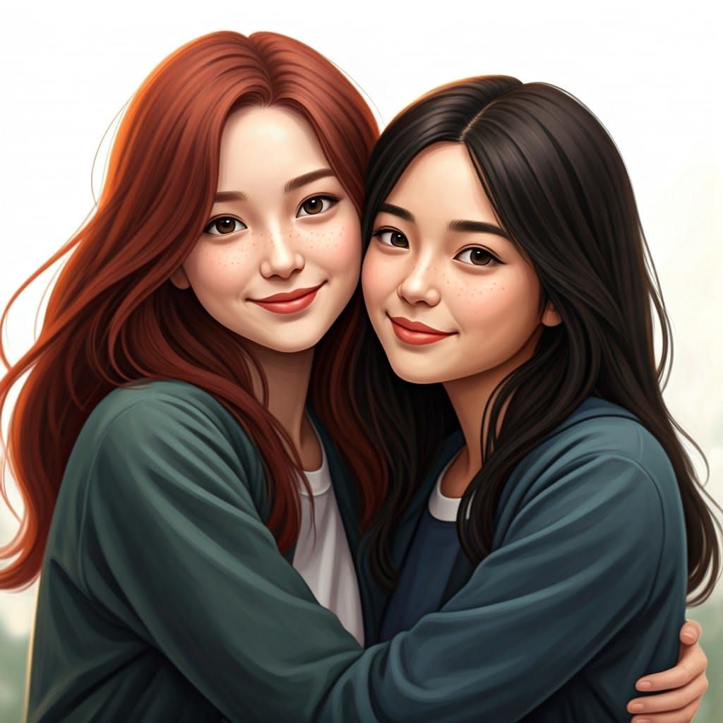 Two Girls Embracing in a Whimsical, Realistic Scene