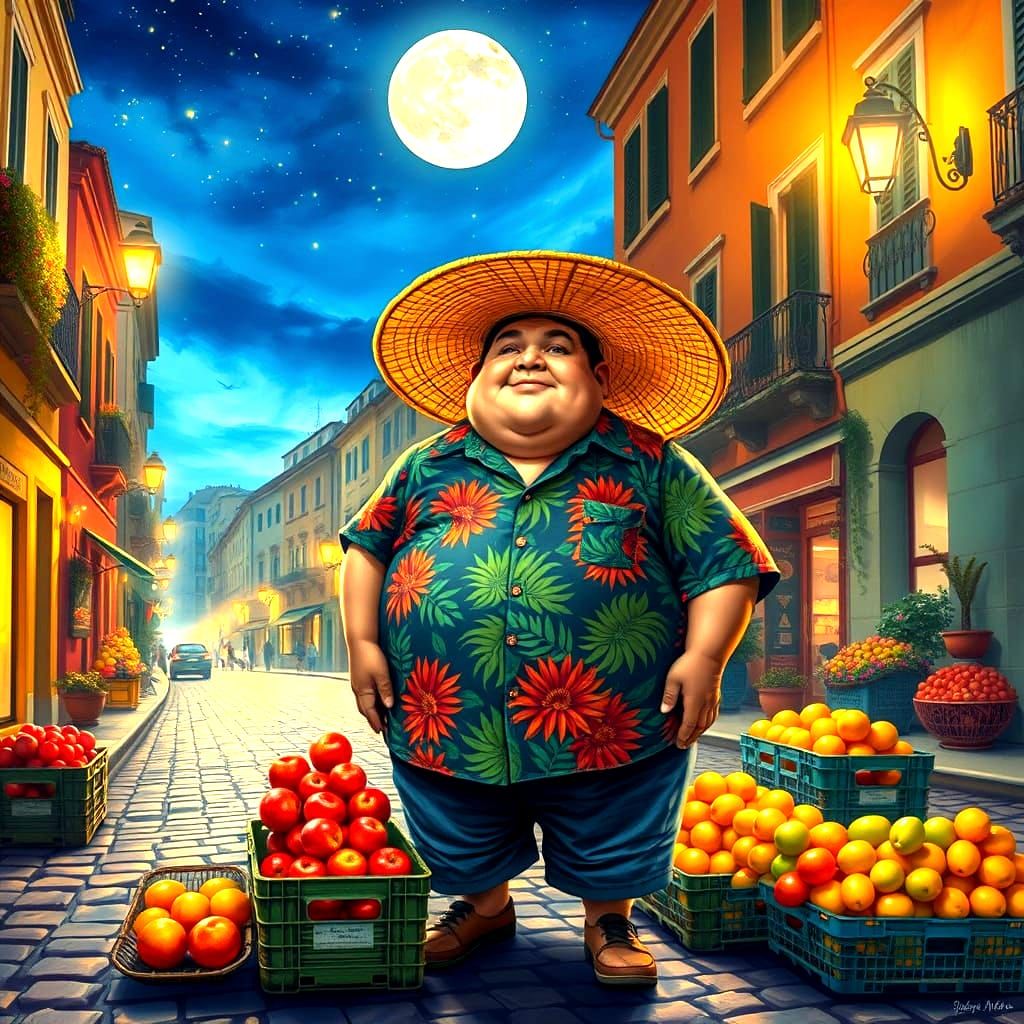 A Portly Vendor in a Straw Hat