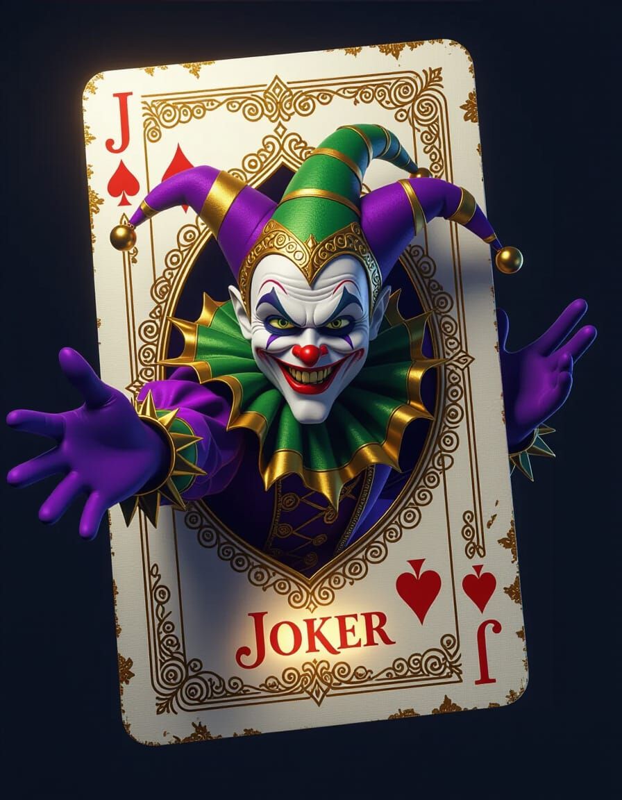 3D Jester Reaches From Ornate Joker Playing Card