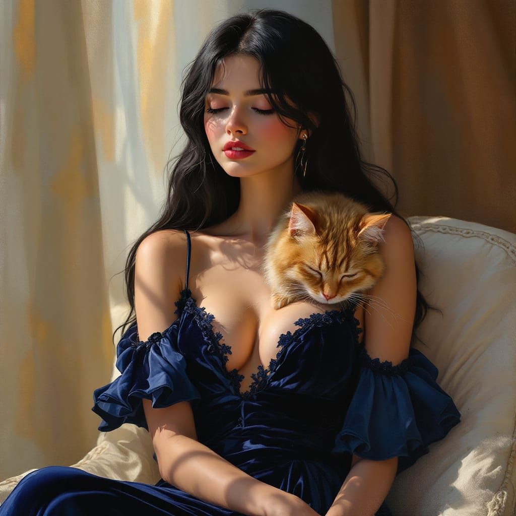 Elegant Woman in Velvet Gown with Ginger Cat