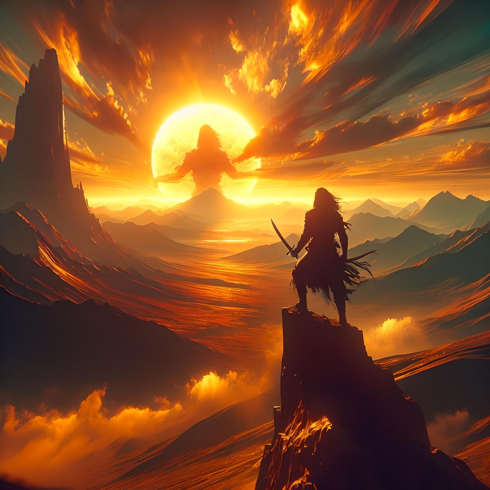 Warrior's Silhouette: Hyperrealistic Sunset on Arid Peak