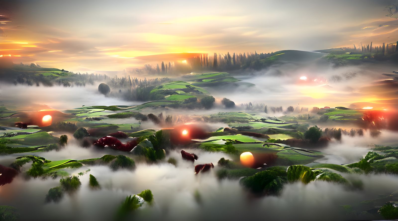 Foggy Sunrise Over Lush Valleys: Matte Painting
