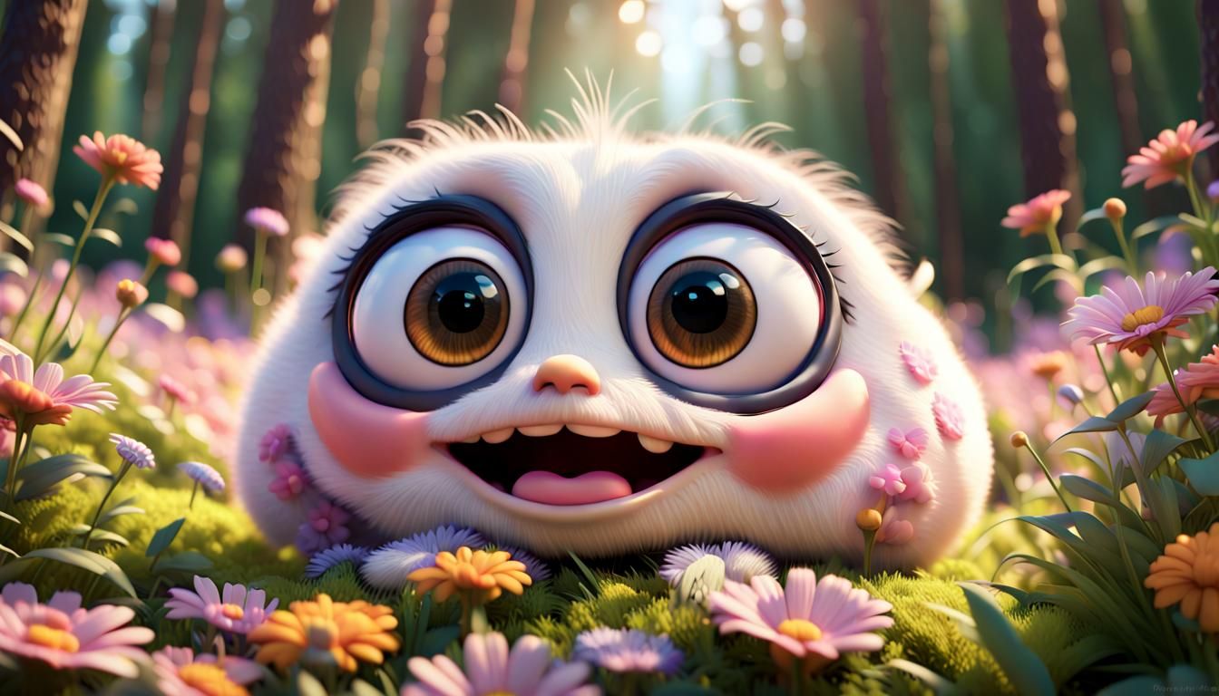 Adorable Fluffy Creature in Pixar Style Forest