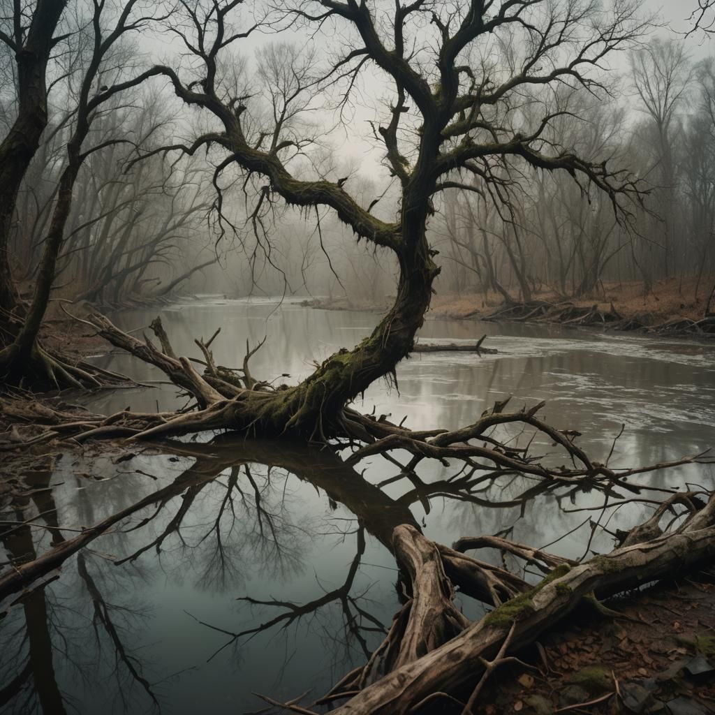 Eerie Prypiat River Landscape in Cinematic Style