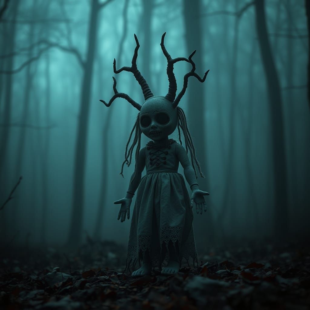 Creepy Pagan Doll in Foggy Twilight Forest