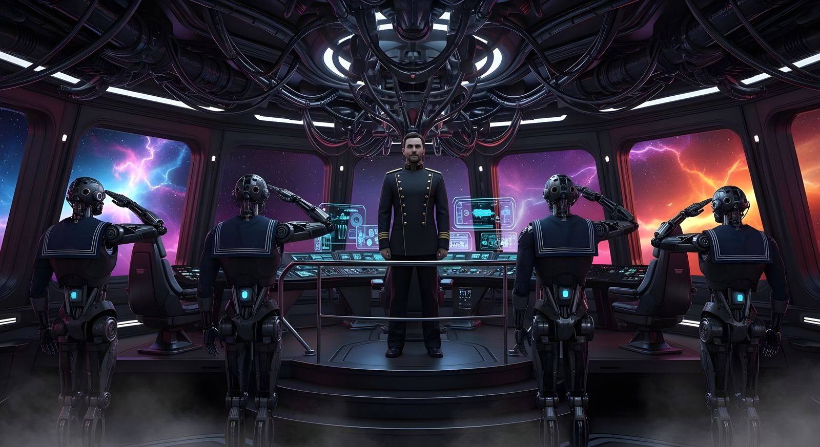 Android Sailors Salute Captain Nemo in Sci-Fi Starship